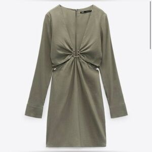 Zara * Stretchy Linen Blend Short Mini Dress Cut Out Green Olive L